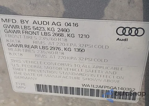 2016 Audi Q5 2.0T Premium from USA, damaged, VIN WA1L2AFP5GA140352